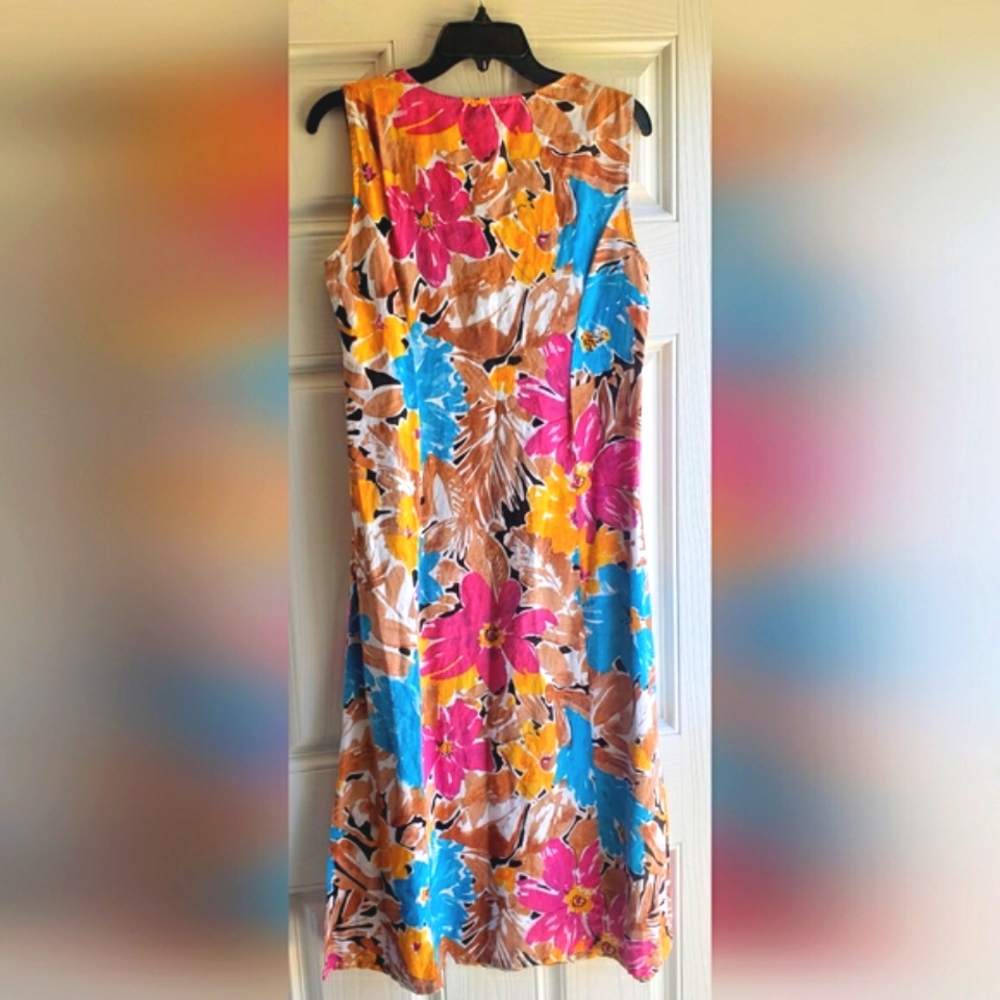 Choices 100% Linen Floral Sleeveless V Neck Dress Size Medium - Picture 2 of 9